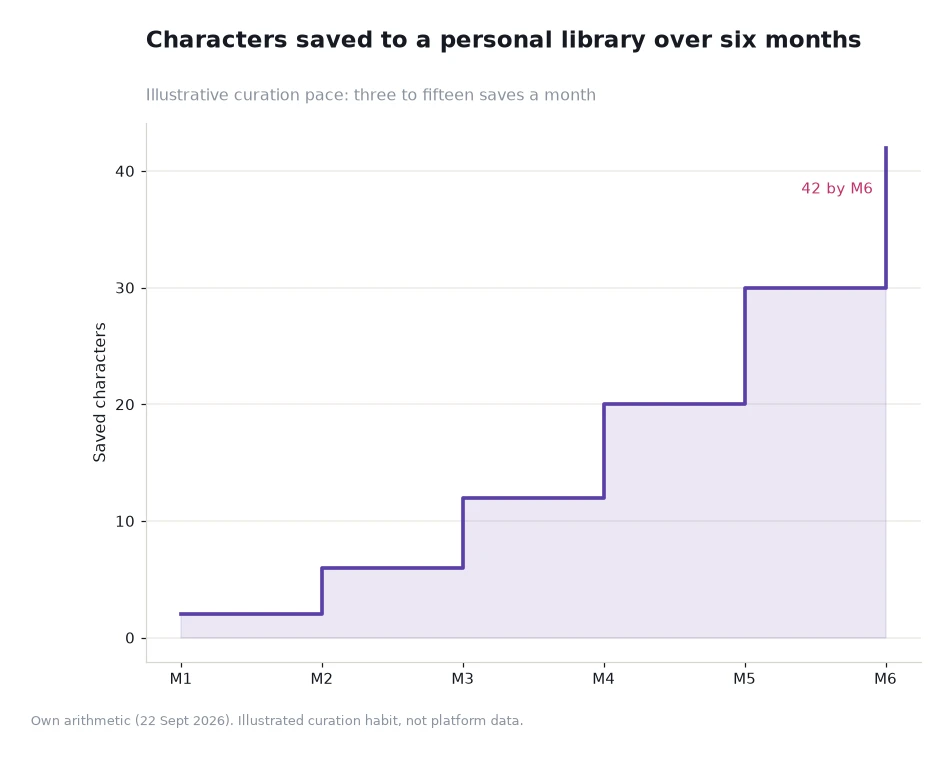 Step chart showing a saved-character library growing from two to forty-two over six months